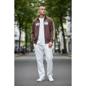 España Mens Brown Full Zip Track Jacket Mock Neck Spain Patch Racing Stripes